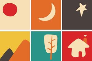 sun moon star mountain leaf and house, life element vector