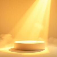illuminated pale-yellow circular platform a hazy yellow studio photo