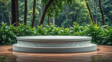 two-tiered marble pedestal a rain-kissed forest photo