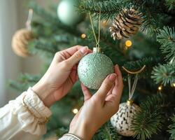 person decorating artificial evergreen with sage green glass ball ornament photo