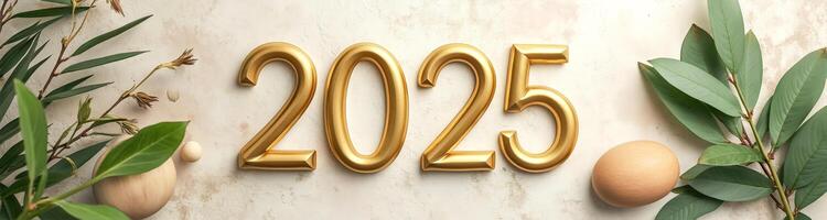 golden 2025 numerals with natural elements photo
