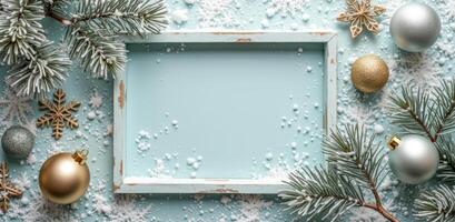 rustic frame with frosted pine ornaments photo
