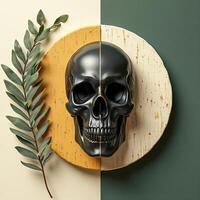 black skull with gold accents on two-toned circular background photo