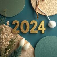 glittery gold numerals 2024 on teal background photo