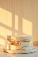 three-tiered creamy platforms create a minimalist display photo
