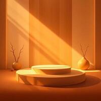 sunlit minimalist display platform with dried branches photo