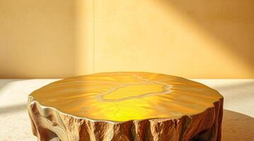 polished golden table with a natural wood base photo