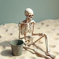 skeletal figure on sandy beach with pail photo