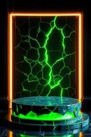 illuminated cracked platform with neon frame photo