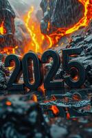 three-dimensional digits 2025 rest on wet volcanic rock near flowing lava. photo