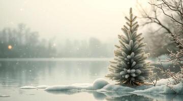 solitary snow-covered evergreen by still water photo