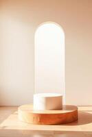white pedestal on round wooden base minimalist studio photo