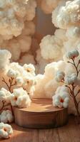 wooden pedestal with artificial cotton blossoms fluffy white background photo