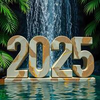 three-dimensional stone numbers 2025 front a waterfall photo