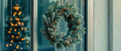 frosted evergreen wreath with pine cones photo