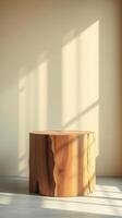 smooth cylindrical wooden stump sits on a floor a sunlit room. photo
