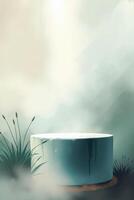 cylindrical teal platform hazy mountain setting photo