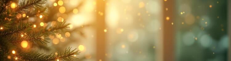 illuminated pine branches with golden bokeh photo
