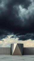 geometric metal structure on rooftop under dark clouds photo