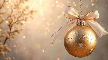 gold sphere ornament with snowflakes hangs from a beige ribbon. photo