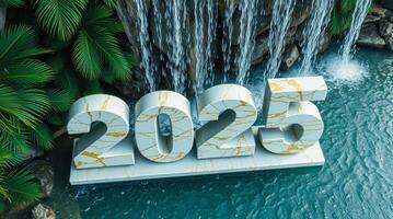 serene 2025 water scene with marble numbers photo