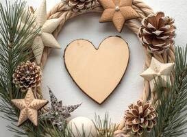 rustic wooden heart wreath with pinecones stars photo