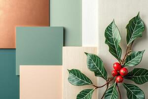green branch with red berries on textured background photo