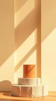 three-tiered cylindrical wooden textured display stand photo