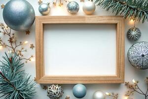 light wooden frame decorated with winter-themed elements photo
