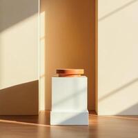 sunlit minimalist studio with a white pedestal light- circular top photo