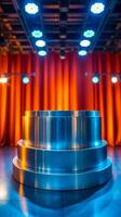 three-tiered metallic platform with drape dynamic lighting photo