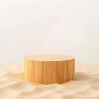 cylindrical wooden block rests on a sandy surface. photo