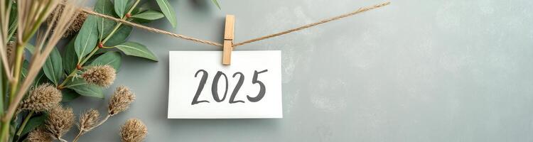 number 2025 on a square hanging from twine with plants photo