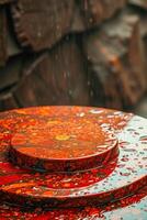 water droplets on two marbled circular objects photo