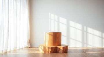 sunlit room with organic wooden display stand photo