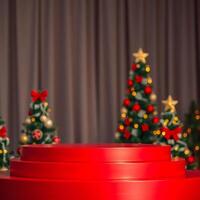 three-layered red cylindrical stand with decorated miniature trees photo