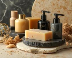 natural bath products on stone display photo