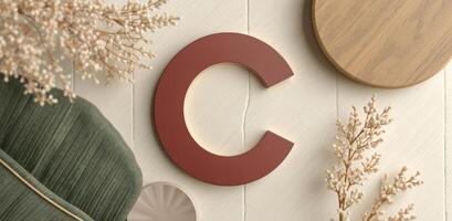 flatlay featuring a maroon letter c natural elements. photo