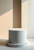 two-tiered white cylindrical display platform minimalist studio setting photo