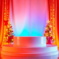 two-tiered round display stand with festive backdrop photo