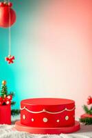 red cylindrical platform with golden accents photo
