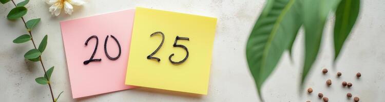 two-toned paper notes showing the numerals twenty twenty-five surrounded by greenery seeds. photo