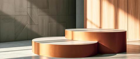 two-tiered cylindrical display stands a minimalist setting photo