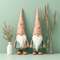 two rosy-hatted figures flanked by delicate flower arrangements photo