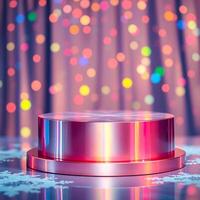 pink metallic display stand with colorful bokeh background photo