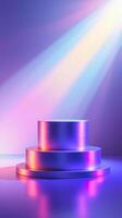 two-tiered metallic display platform under colorful lights photo
