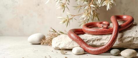 red reptile resting on a light-colored rock photo