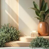minimalist display with plants a candle wooden elements photo