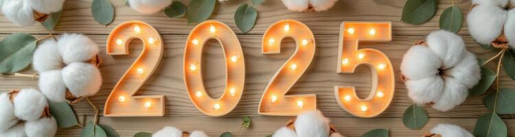 illuminated wooden 2025 number display with cotton eucalyptus photo