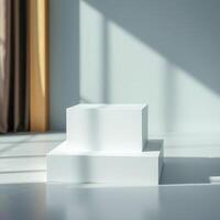 two white cubic display platforms a minimalist setting photo